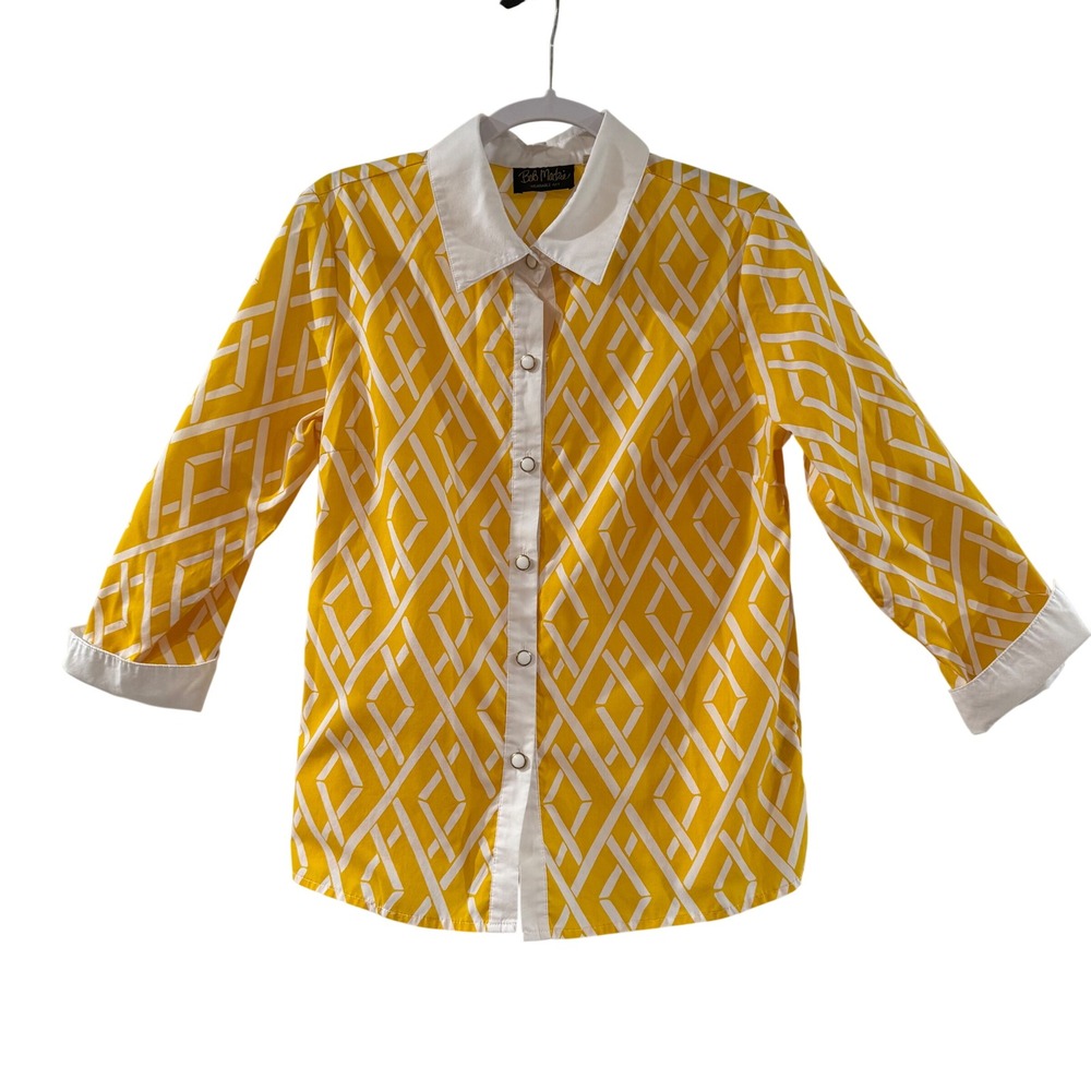Bob Mackie Wearable Art Womens Small Yellow White Geometric Button Down Shirt